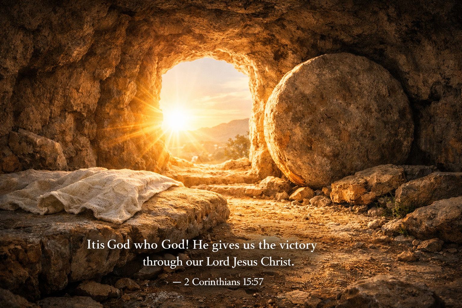 1 Corinthians 15:57 — Thanks Be to God | Empty Tomb Dawn Wallpaper